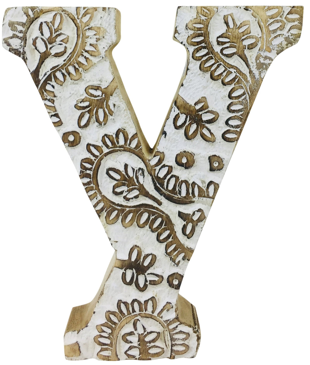 Hand Carved Wooden White Flower Letter Y