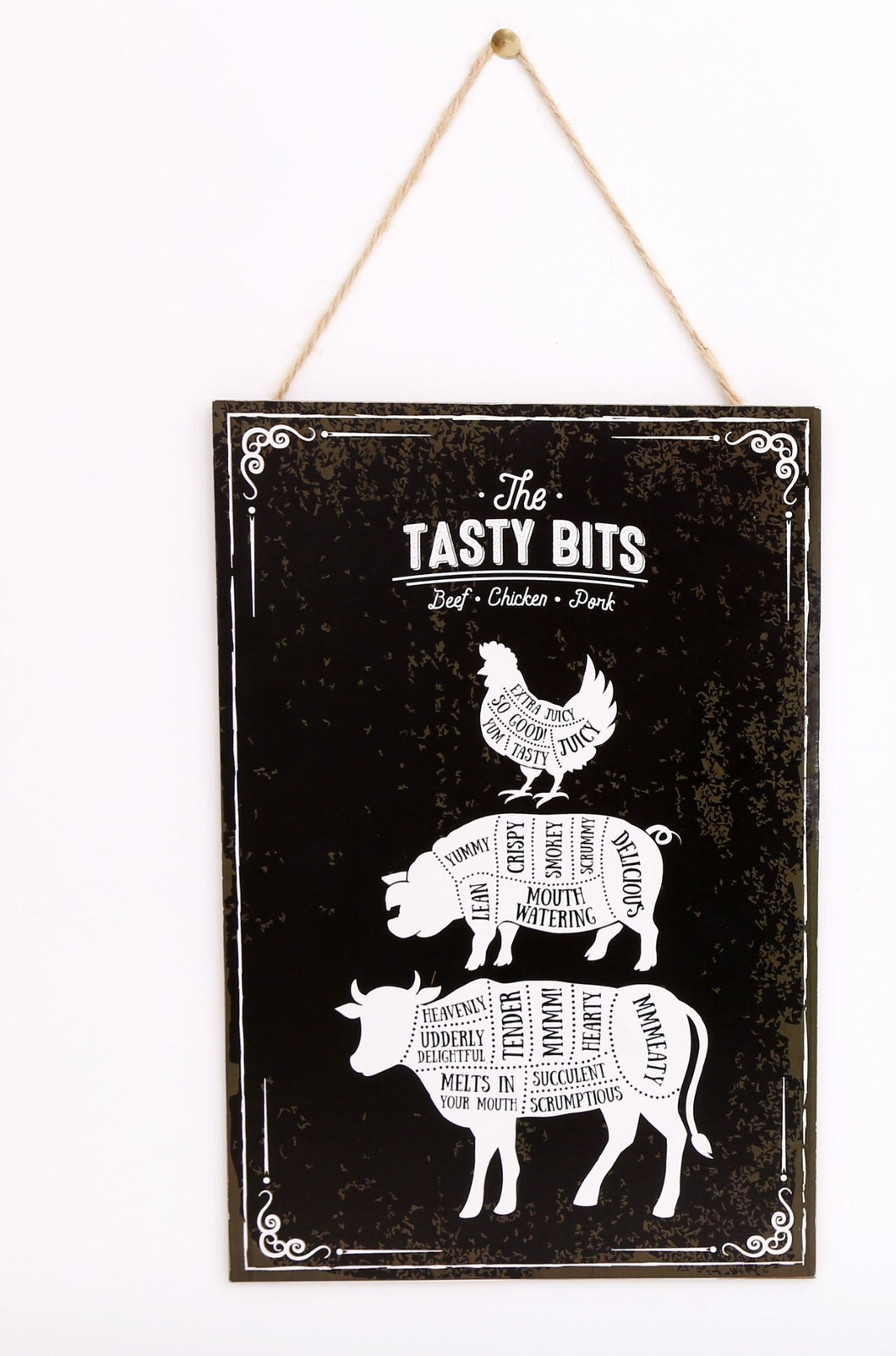 The Tasty Bits Wooden Hanging Plaque in Brown