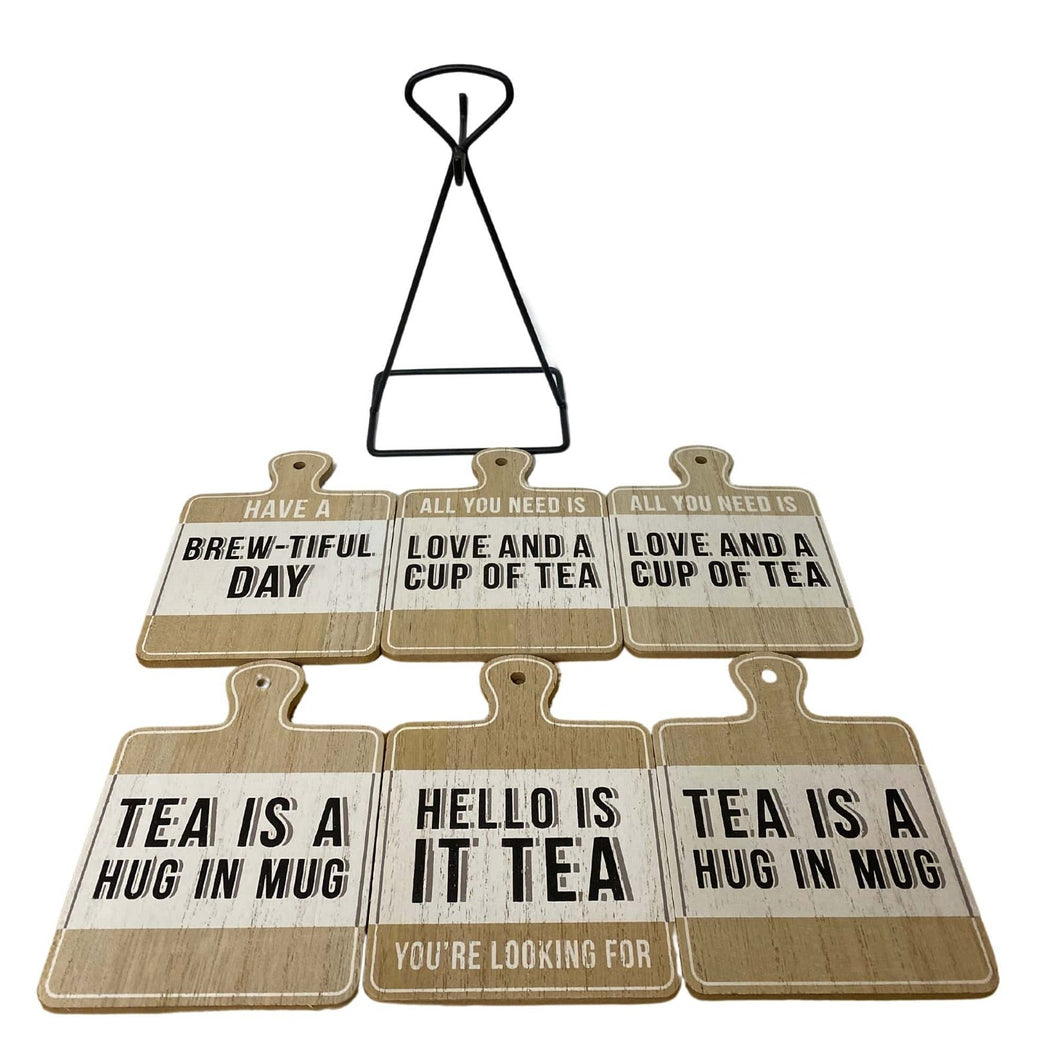 Set of Six Tea Slogan Coasters On Metal Stand