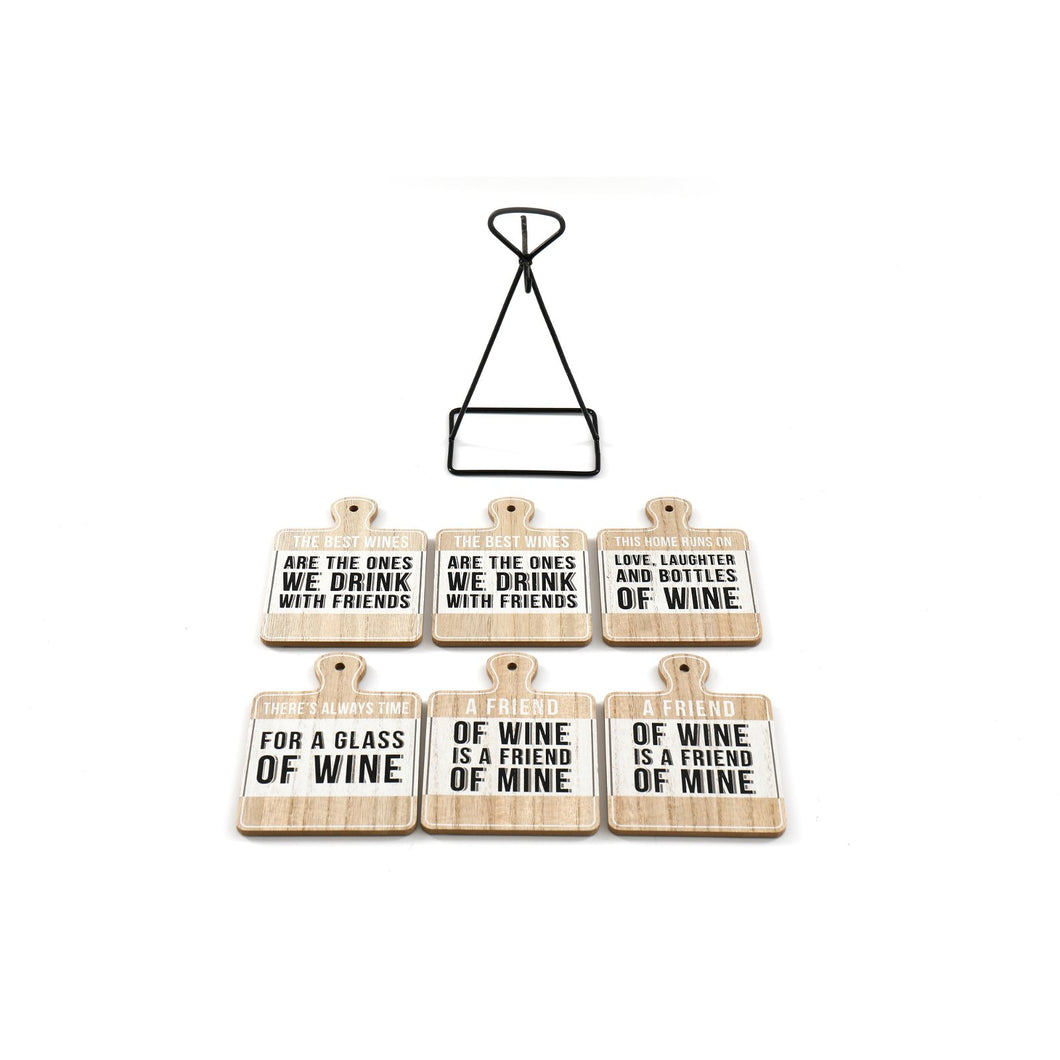 Set of Six Wine Slogan Coasters On Metal Stand