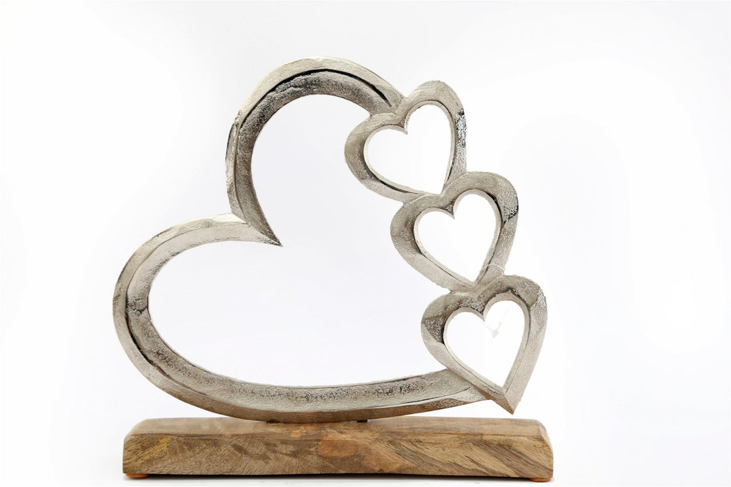 Metal Silver Four Heart Ornament On A Wooden Base Large